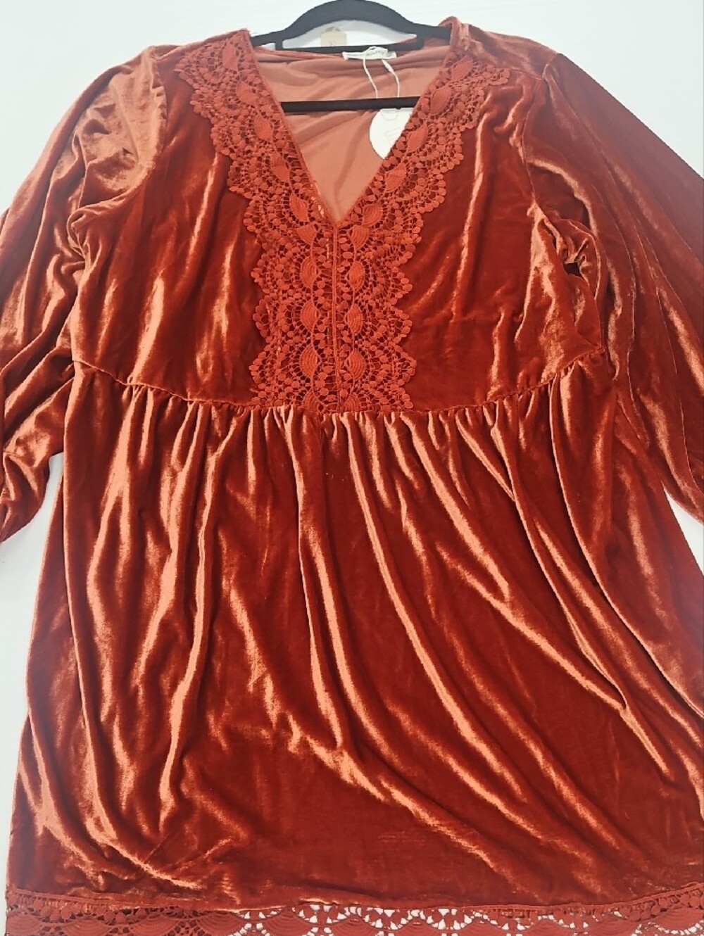 3 XL Velvet Crochet-Trim Long Sleeve Dress - Rust - Picture 3 of 13